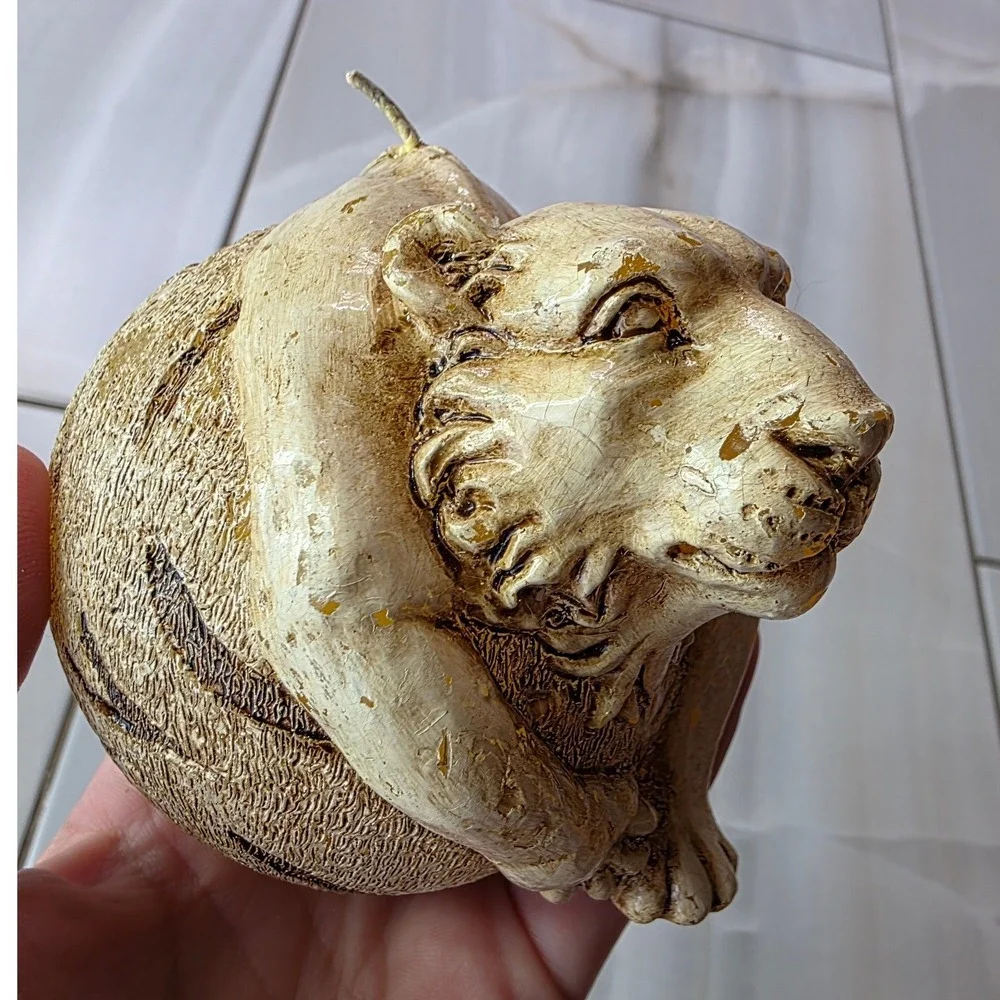 Vintage Sculpted Tiger Head Sphere Candle Cream Tan Textured Safari Decor P4‎